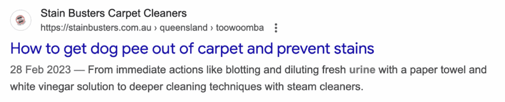 A screenshot of a website listing on Google results page for a blog article on how to get dog pee out of carpet