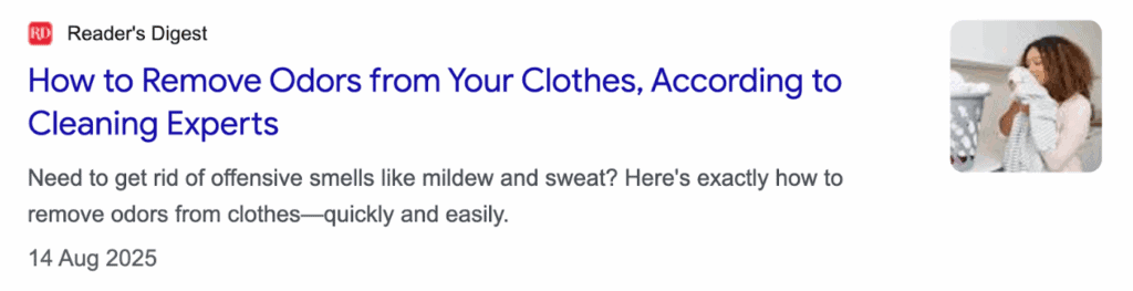 A screenshot of a website listing on Google results page for a blog article on how to get dog pee out of carpet