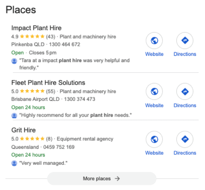 A screenshot of the Local Map Pack on Google