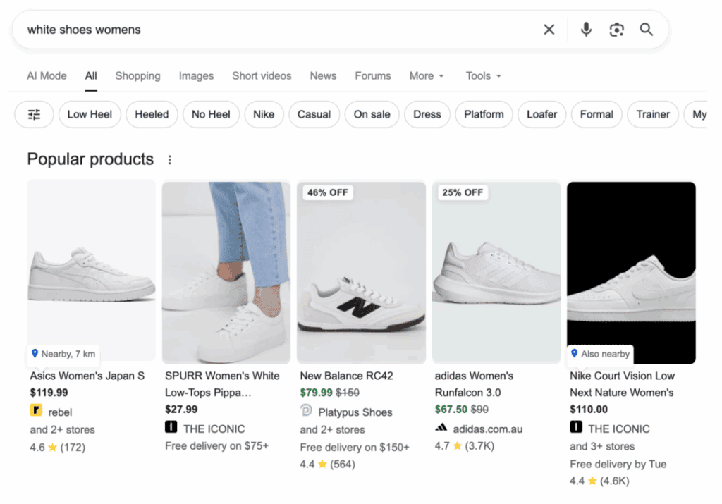 A screenshot of the Shopping section on Google for the search 'white shoes womens'