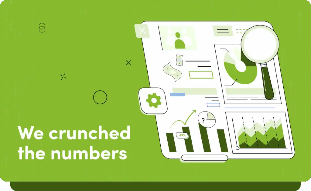 An illustration of a report with a magnifying glass on a green background with the text 'we crunched the numbers'