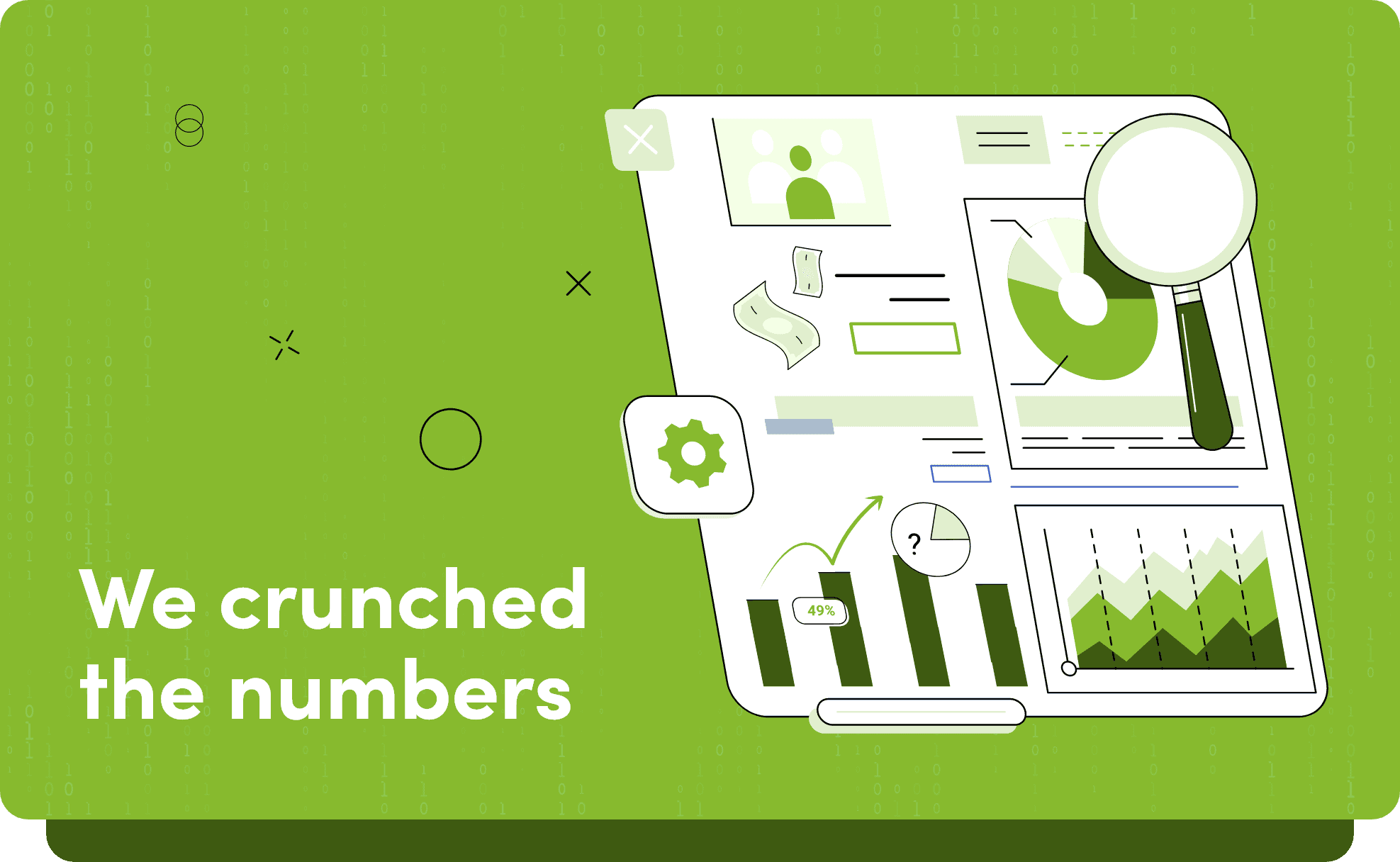 An illustration of a report with a magnifying glass on a green background with the text 'we crunched the numbers'