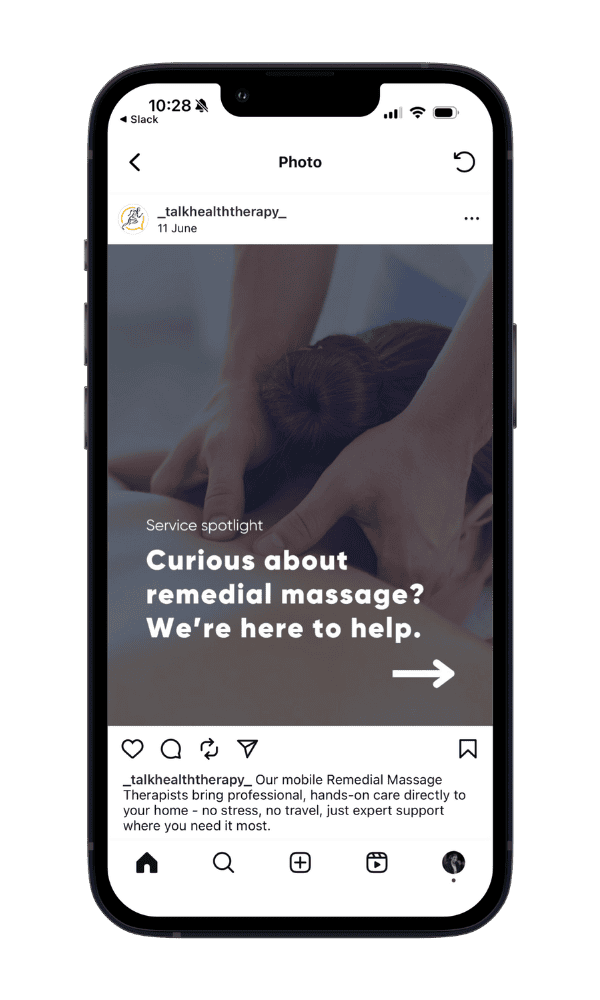 An instagram post promoting remedial massage as a service on an iphone