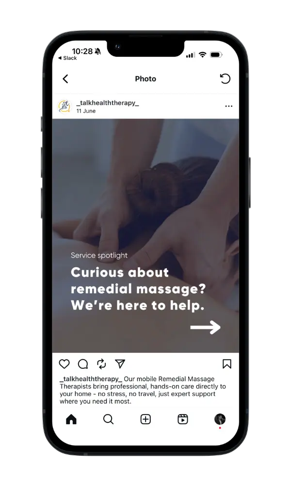 An instagram post promoting remedial massage as a service on an iphone