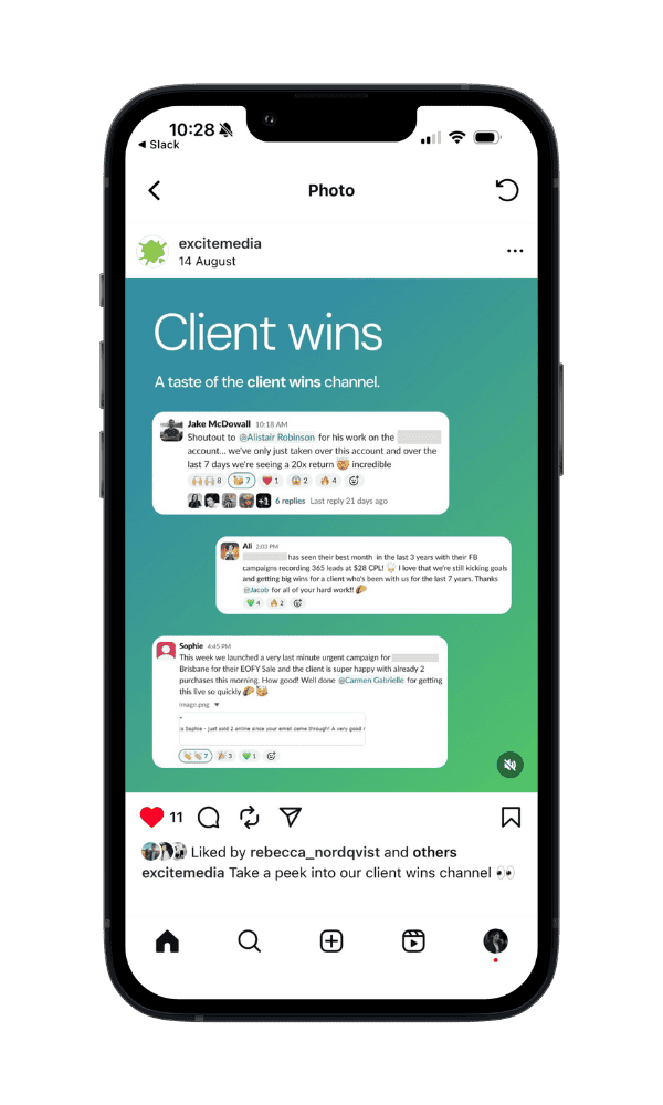 An instagram post showing a business celebrating client wins on an iphone