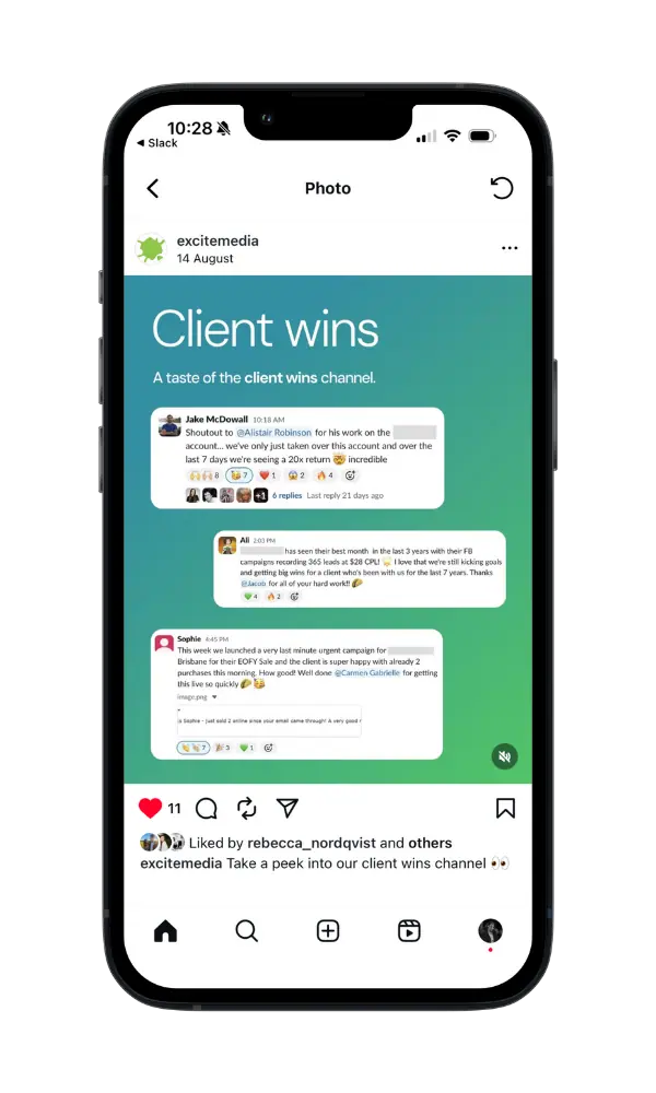An instagram post showing a business celebrating client wins on an iphone