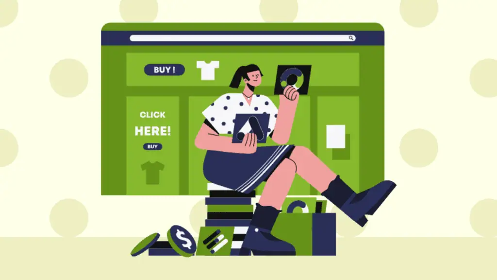 Illustration of woman holding iPad in front of website mockup