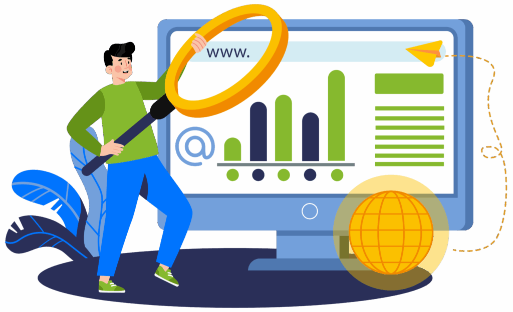 An illustration of a man putting a magnifying glass over a report in a desktop computer