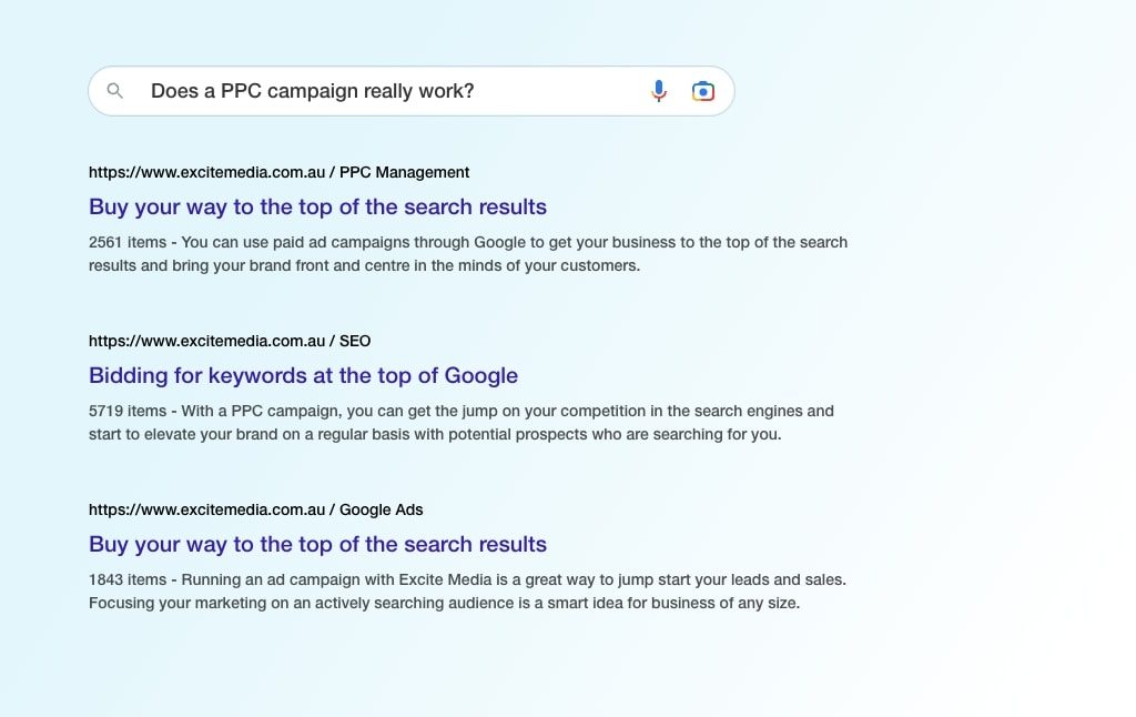 Google SERP results for 'Does a PPC campaign really work?'